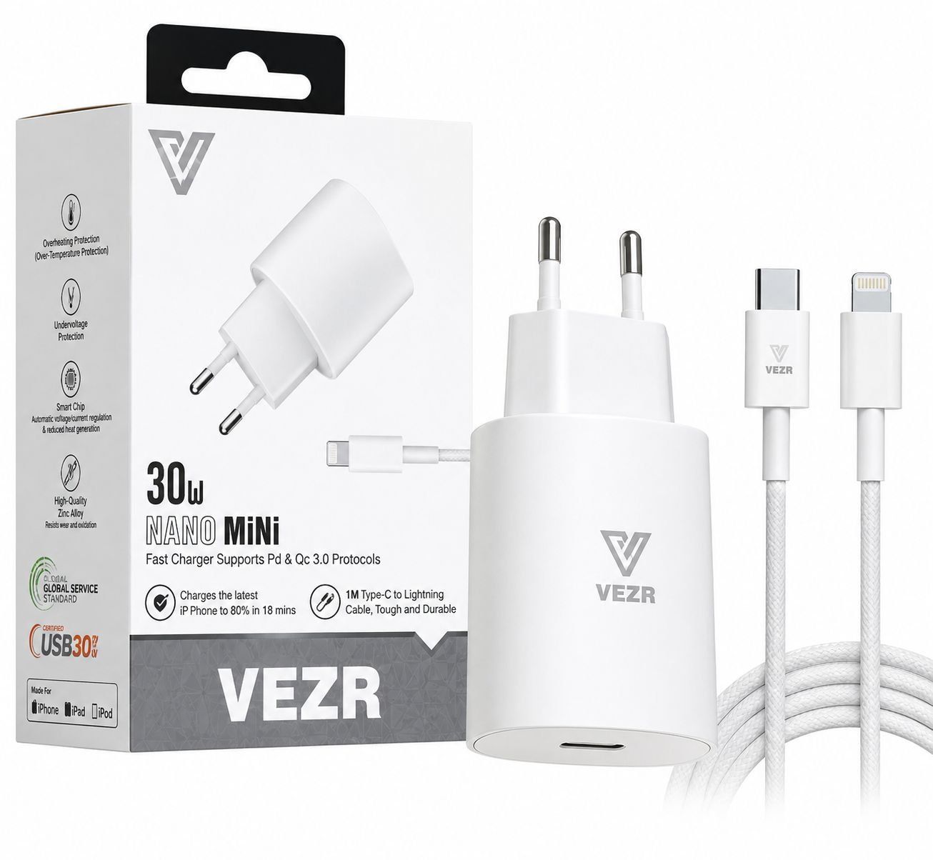 Kit Carregador Vezr Nano Mini 30W Lighthning